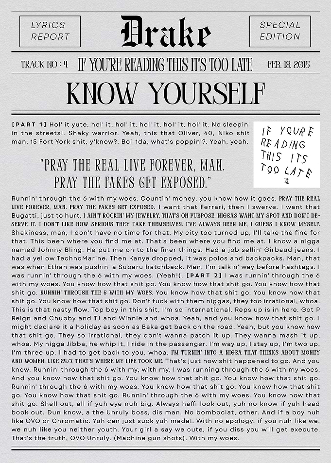 Drake 'Know Yourself' Newspaper Lyric Art