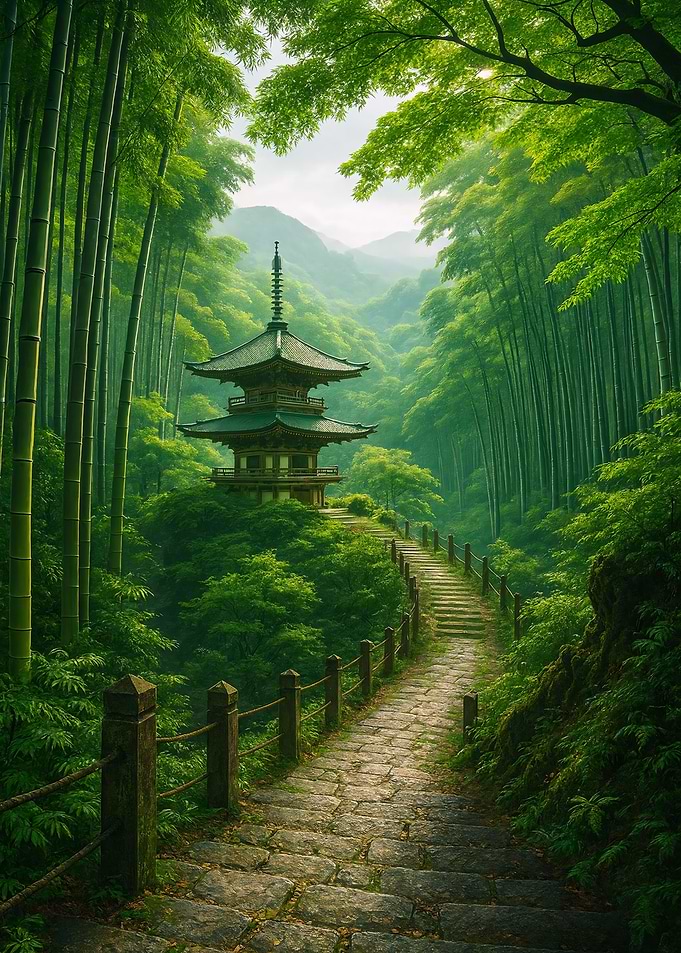 Serene Japanese Pagoda in Bamboo Forest
