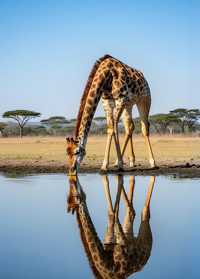 Giraffe drinking water with reflection