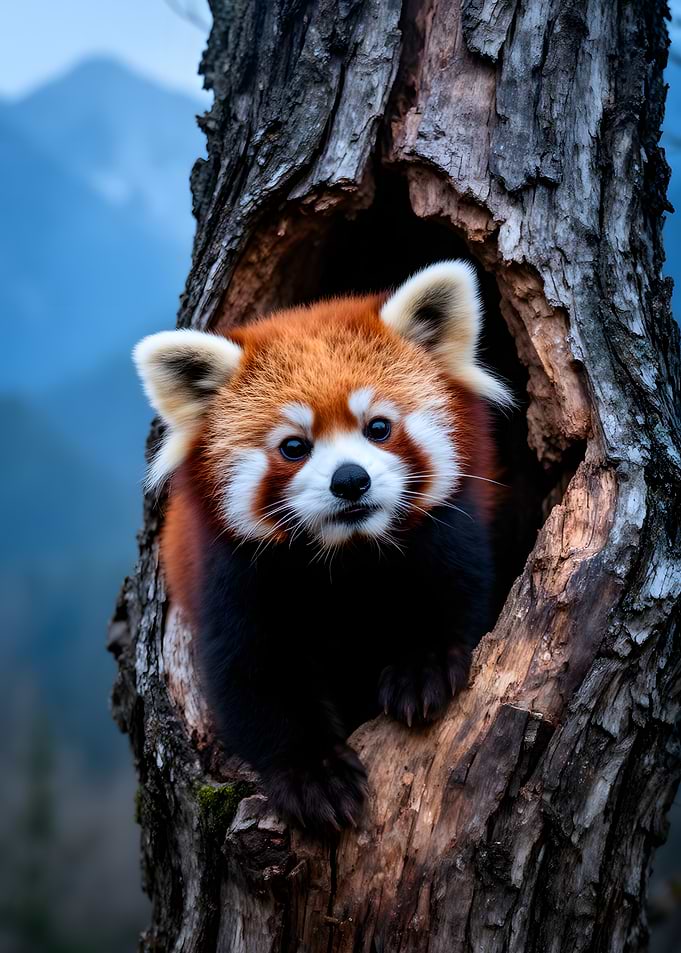 Red Panda Peeking from Tree Hollow