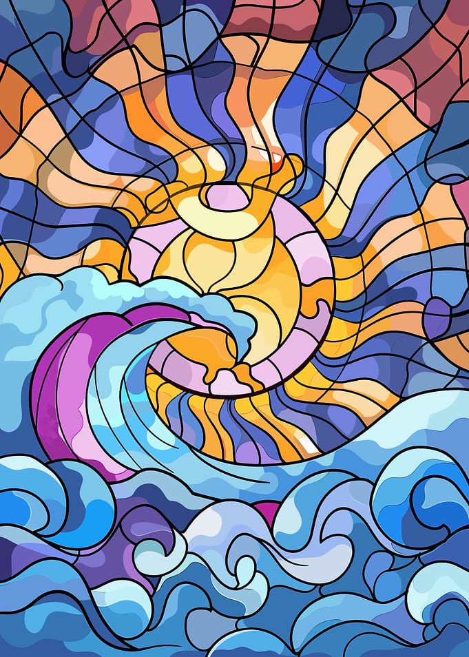 Stained Glass Sun and Waves
