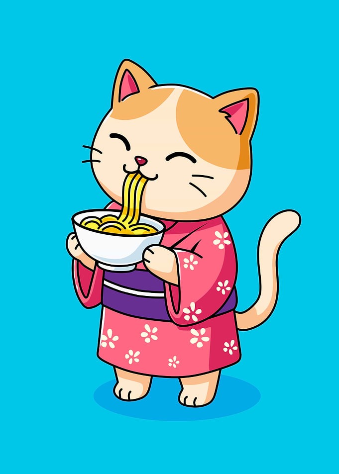 Cute Cat Eating Ramen Noodles