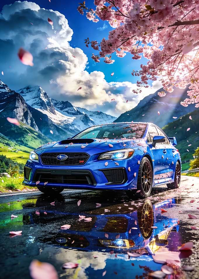 Blue Subaru WRX with Cherry Blossoms
