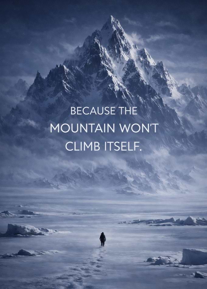 Lone figure facing a snowy mountain