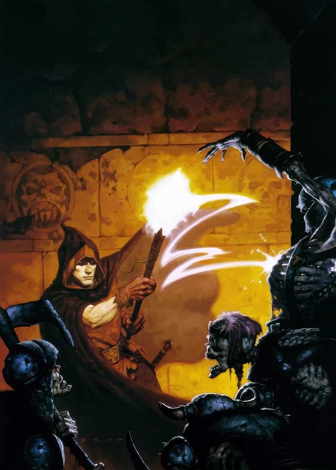 Fantasy battle with wizard and monsters
