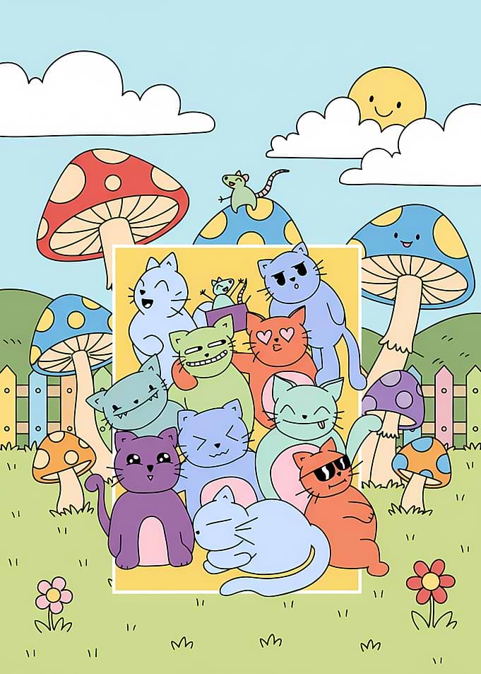 Cute Cats and Mushrooms