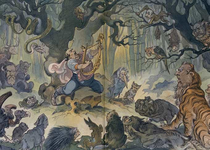 Mythological figure playing lyre in a forest