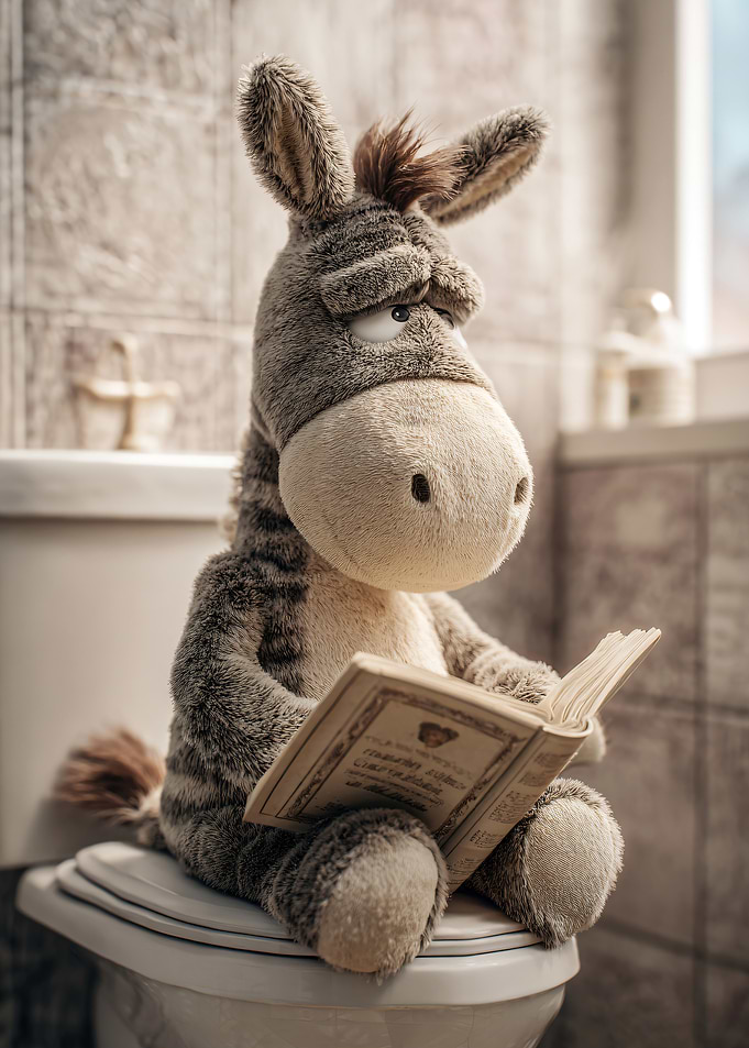Plush Donkey Reading a Book on Toilet