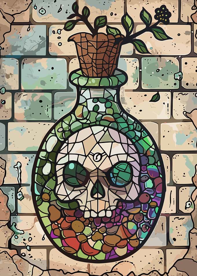 Stained Glass Skull Potion Bottle