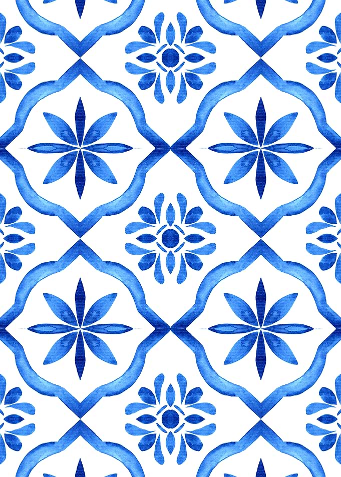Blue and White Watercolor Floral Tile Pattern