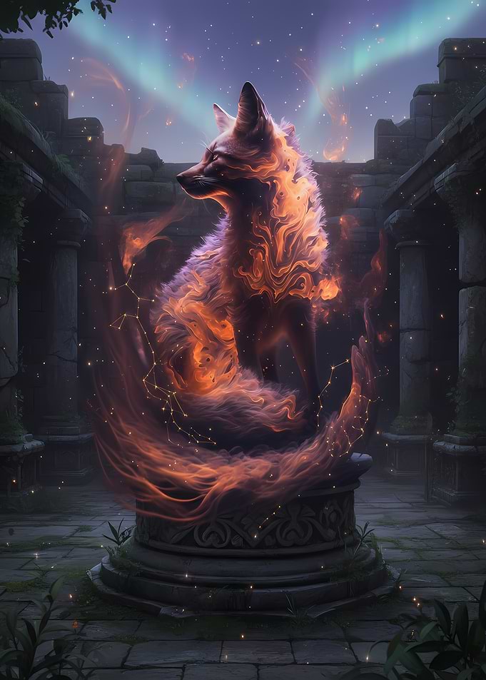 Mystical Fox Spirit in Ruins