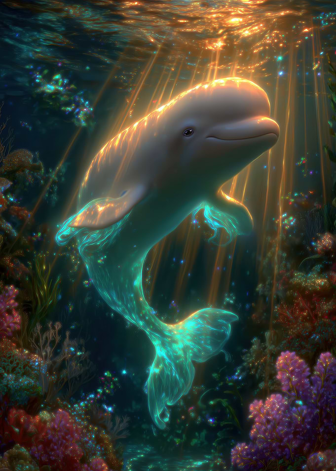 Beluga Whale in Sunlit Coral Reef
