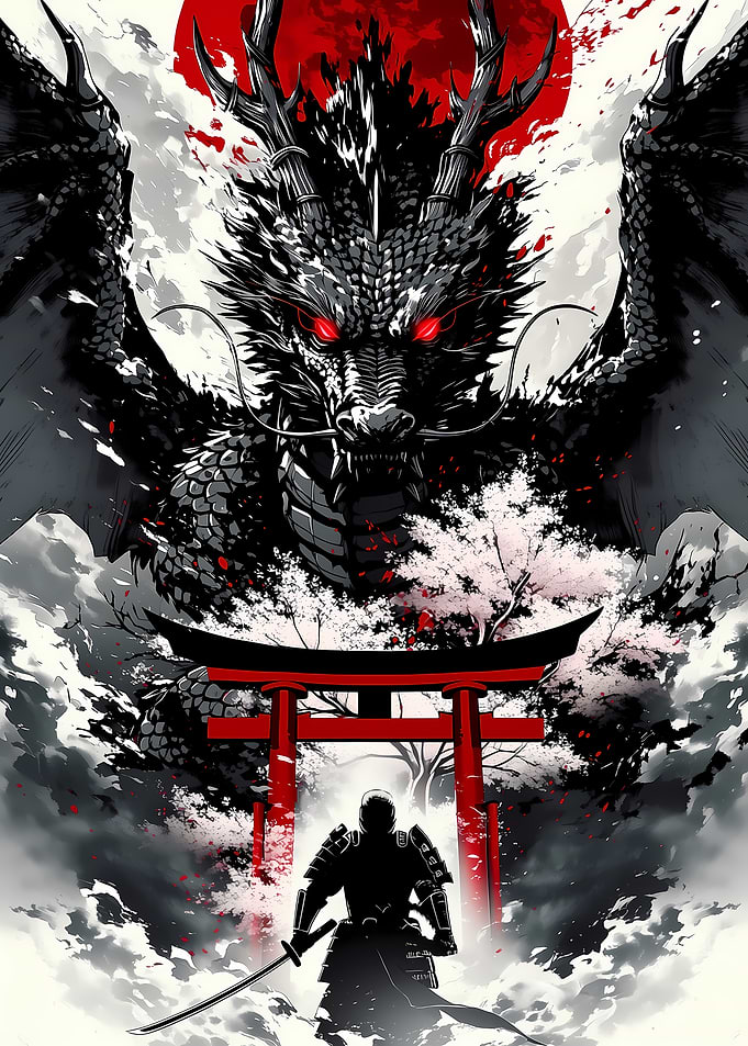 Samurai faces a fearsome dragon