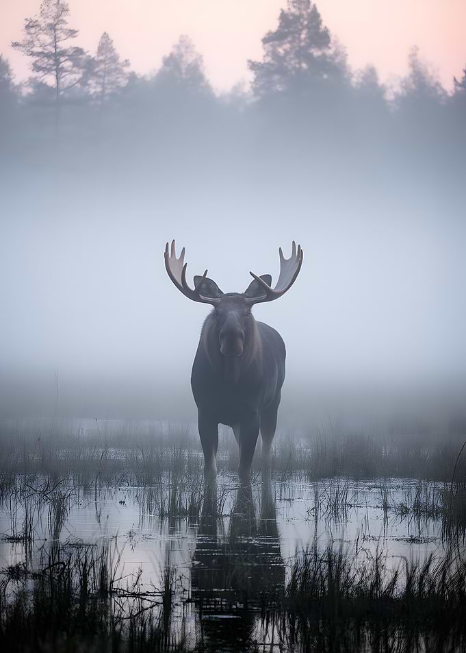 Moose in Foggy Marsh at Sunrise