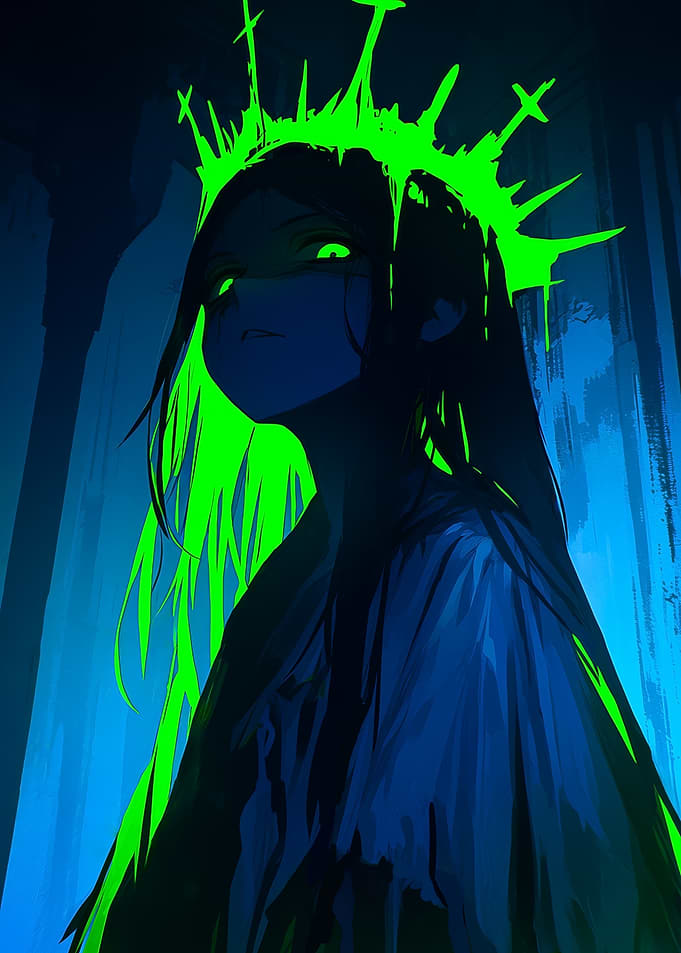 Glowy Crowned Figure in Blue and Green