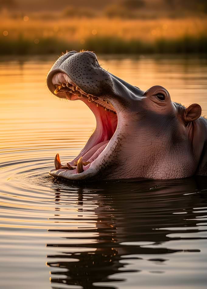 Hippopotamus yawning in water at sunset