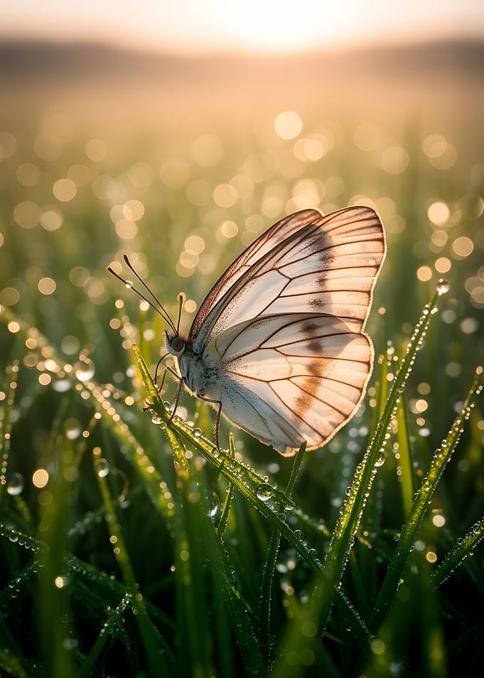 Butterfly on dewy grass at sunrise