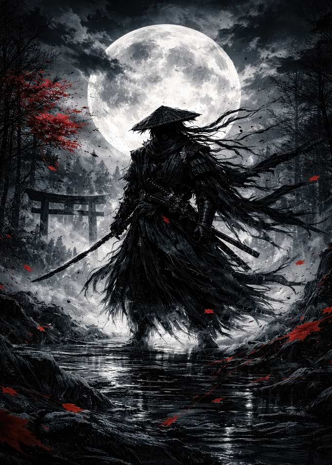 Samurai Warrior Under a Full Moon