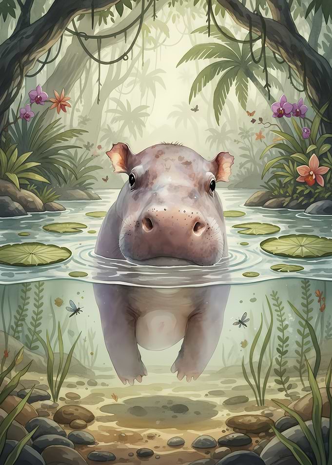 Cute Hippo in a Jungle Pond