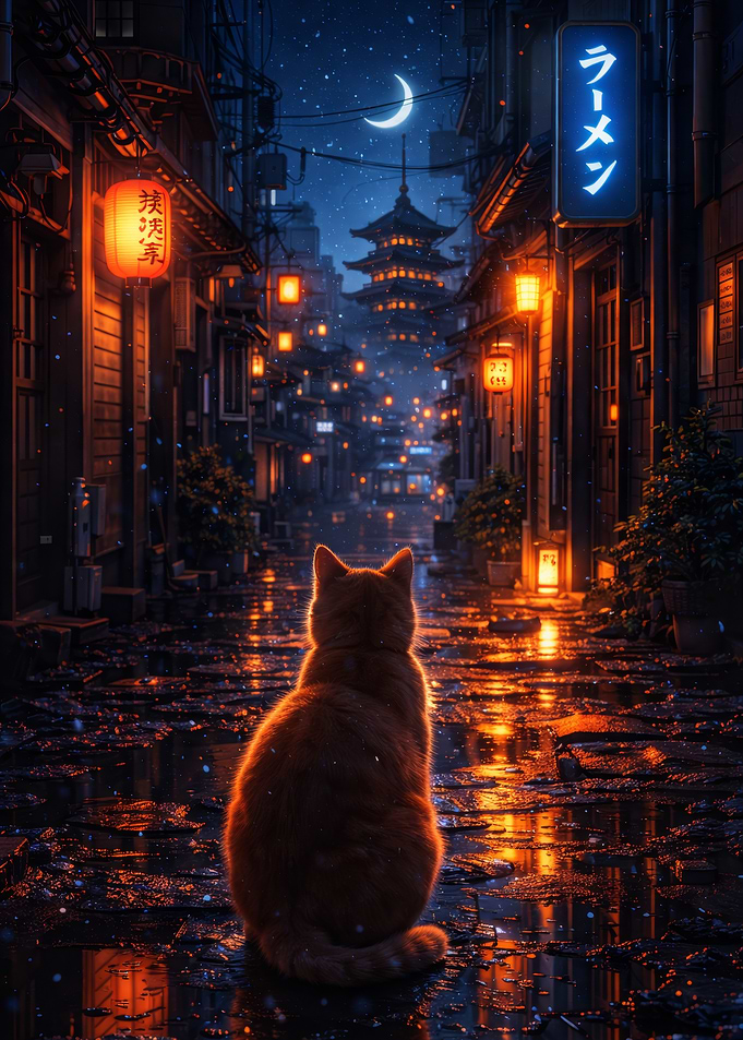 Cat in a Japanese Alley at Night