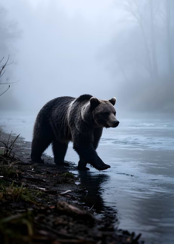 Bear walking by a misty river