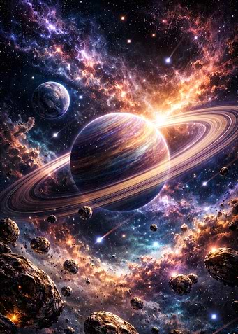 Cosmic Nebula with Ringed Planet and Asteroids