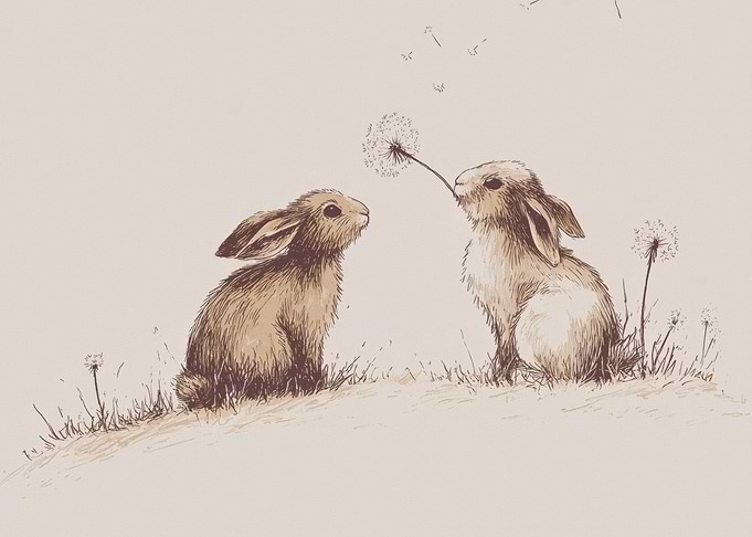 Two Bunnies and Dandelions