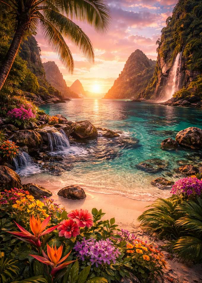 Tropical Paradise Sunset with Waterfalls