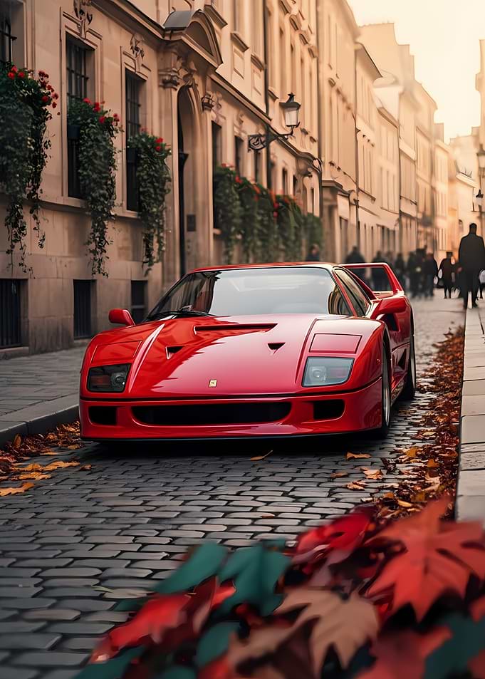 Red Ferrari F40 on Cobblestone Street