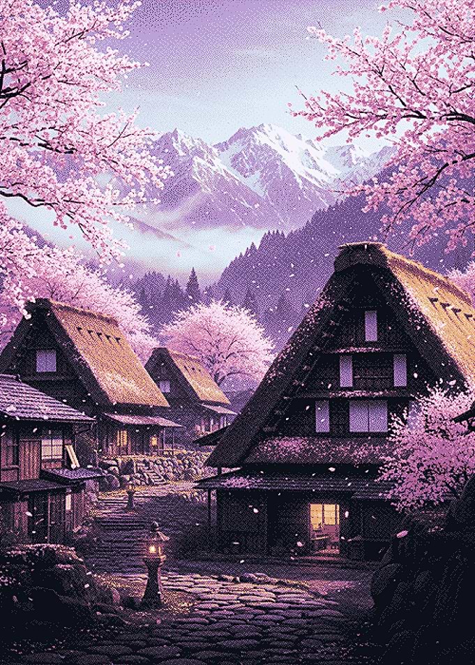 Japanese Village in Cherry Blossom Season