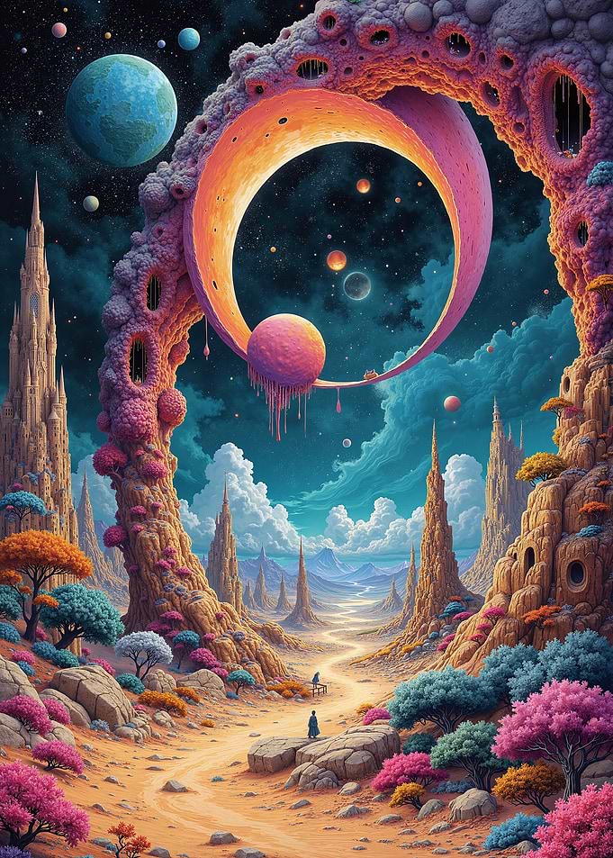 Surreal Alien Landscape with Planets