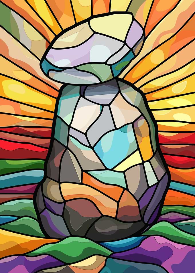 Stained Glass Cairn with Sunset Background