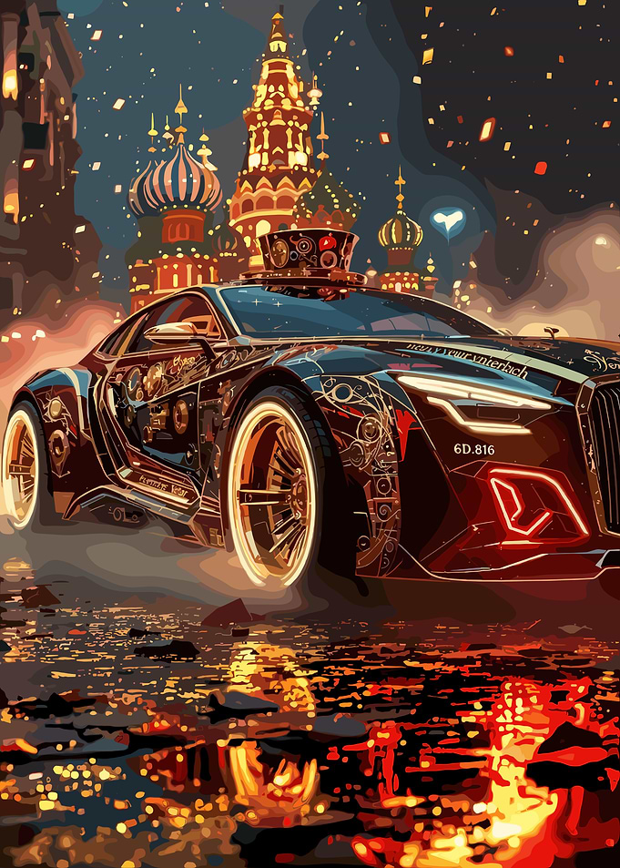 Steampunk Car in a City at Night