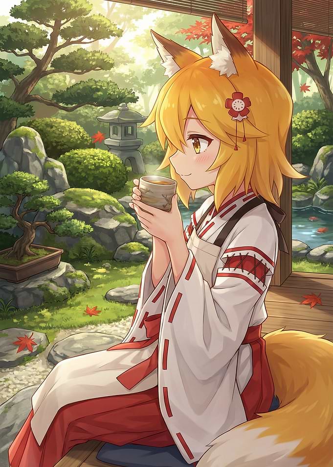 A kitsune girl relaxing with tea in a Japanese garden