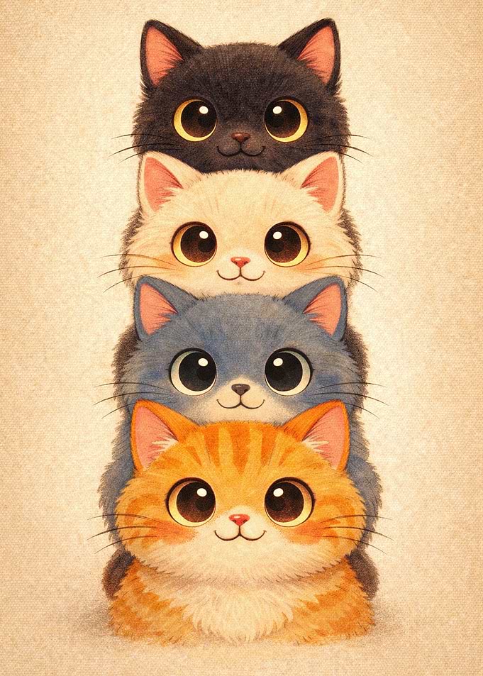 Stack of Cute Cartoon Cats