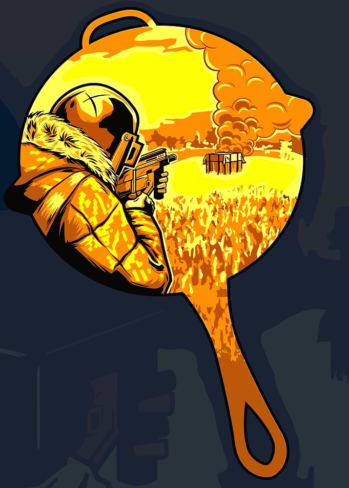 Player in a frying pan aiming a gun