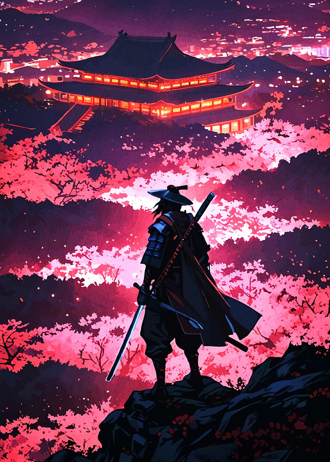 Samurai Overlooking Cherry Blossoms City