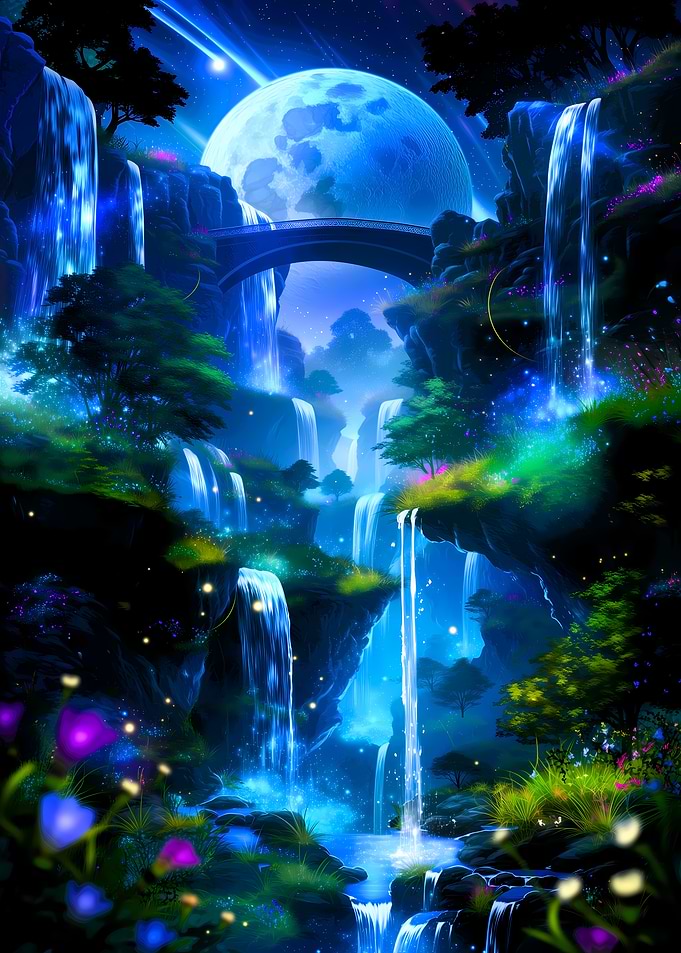 Waterfall Landscape Under a Full Moon