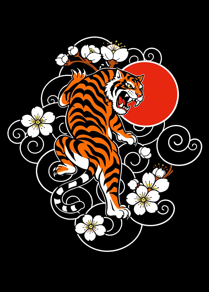 Tiger with Cherry Blossoms and Sun