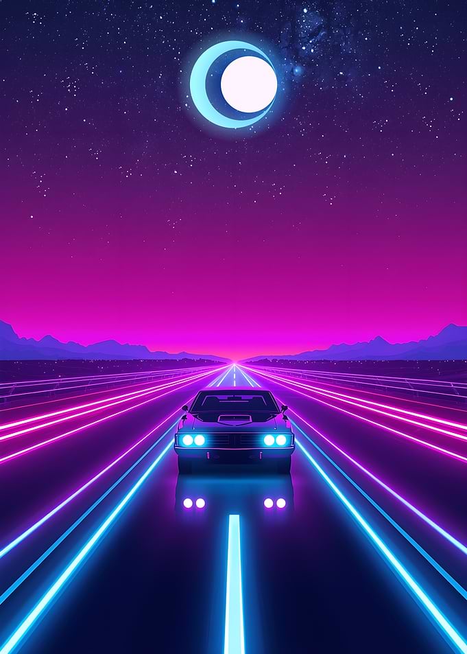 Retro Car on Neon Highway