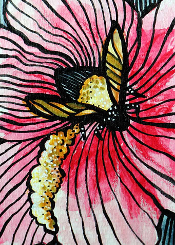 Watercolor painting of a bee on a pink flower