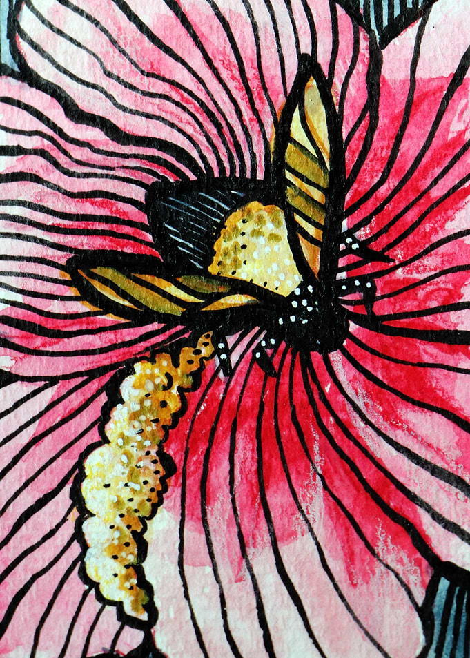 Watercolor painting of a bee on a pink flower