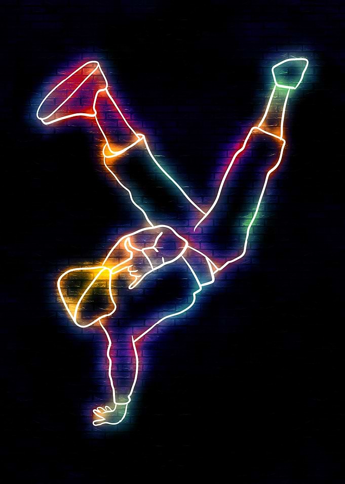 Neon Breakdancer on Brick Wall