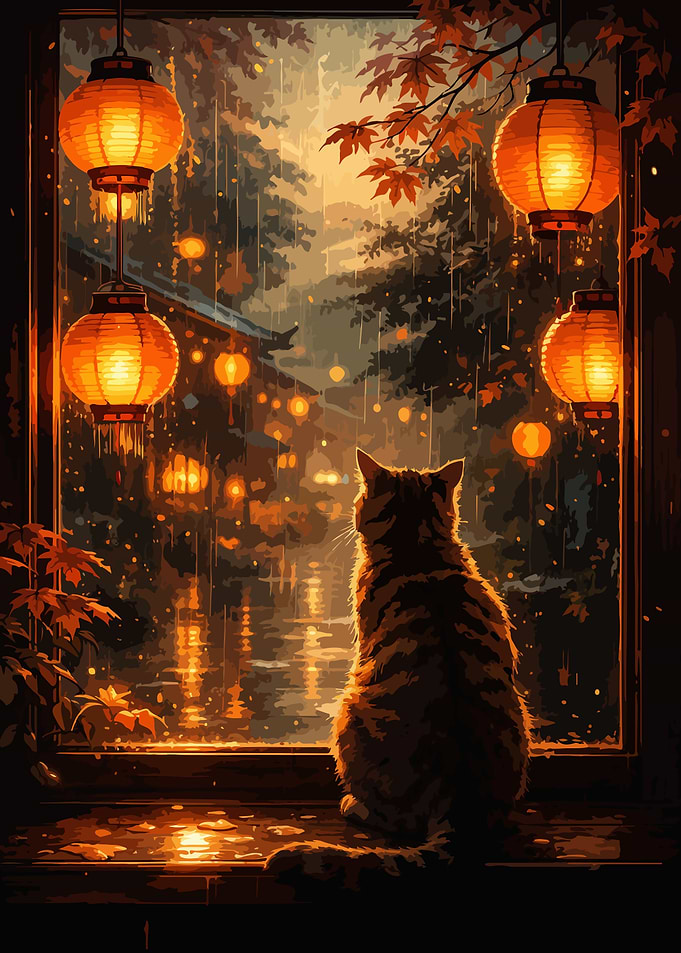 Cat Watching Lanterns in the Rain