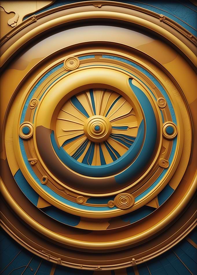 Golden & Teal Mechanical Medallion — 3D Ornamental Abstract Wall Art