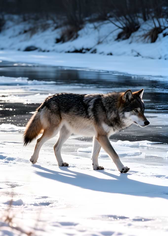 Wolf walking on ice in winter