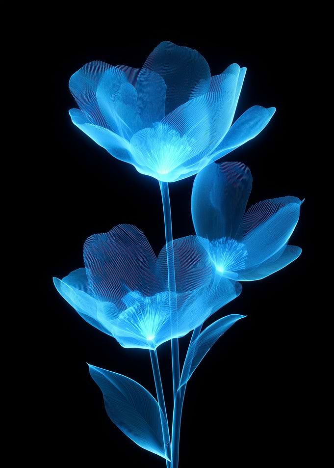 Glowing Blue Flowers on Black Background