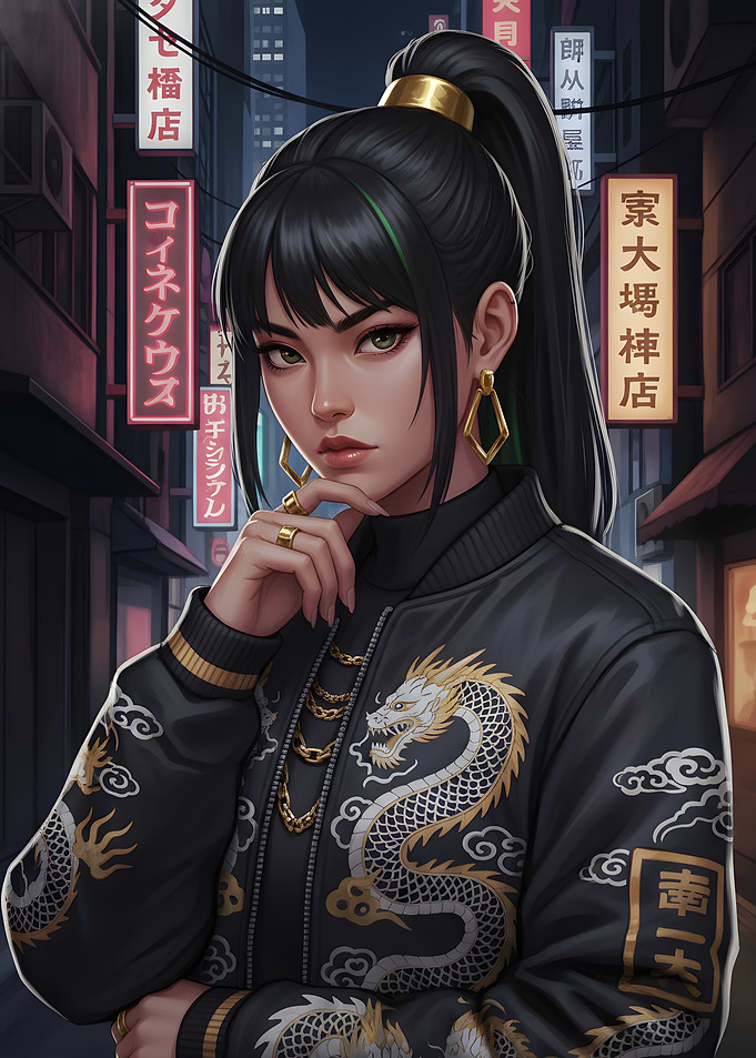 Woman in Dragon Bomber Jacket