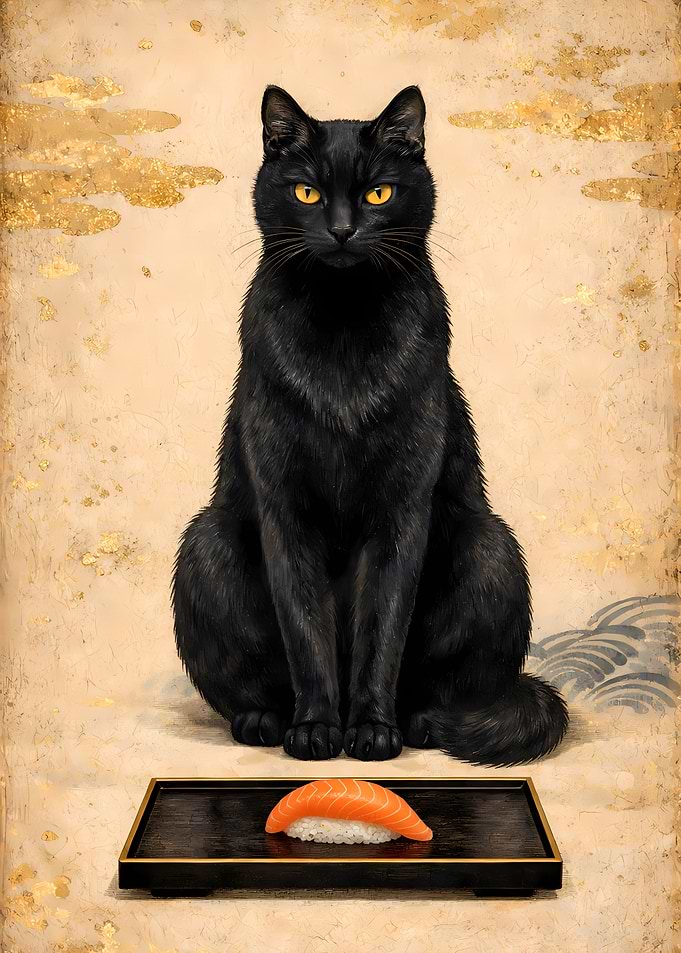 Royal Black Cat And Sushi Feast