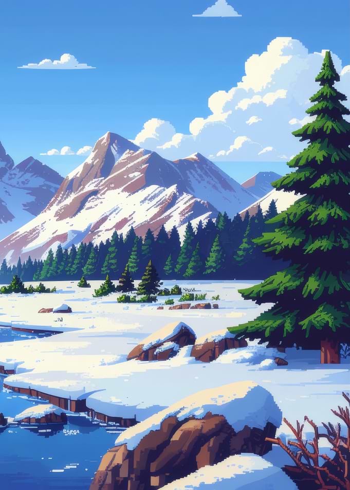 Pixel Art Winter Mountain Landscape